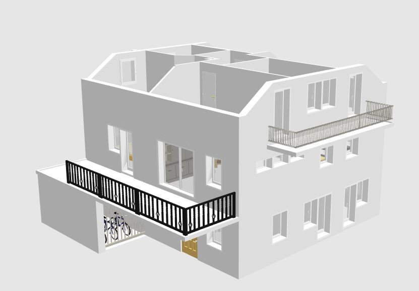 Multi-story residential building with balconies, entrance area, and bicycles in the garage.