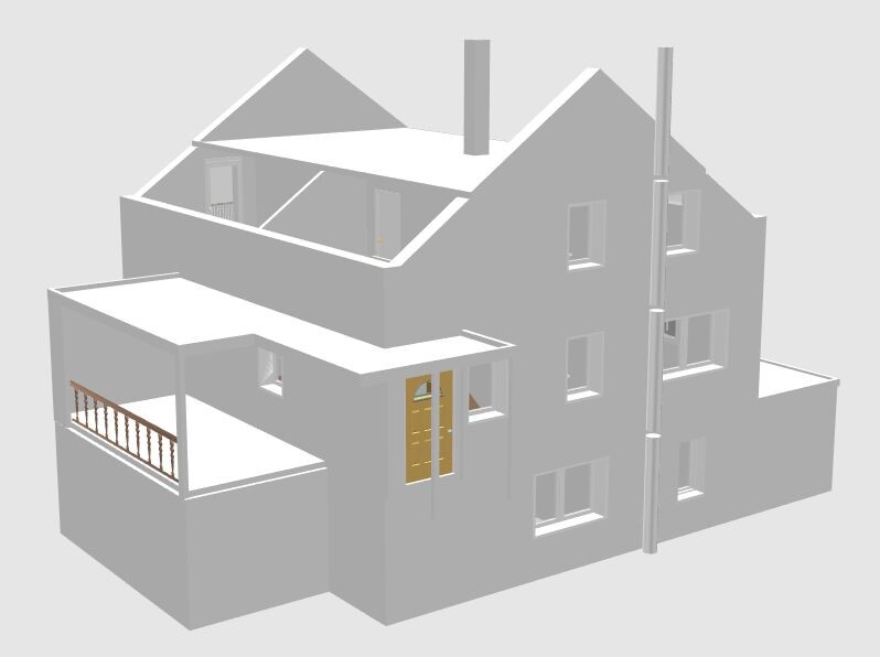 3D rendering of a multi-story house with balcony, doors, windows, and chimneys.