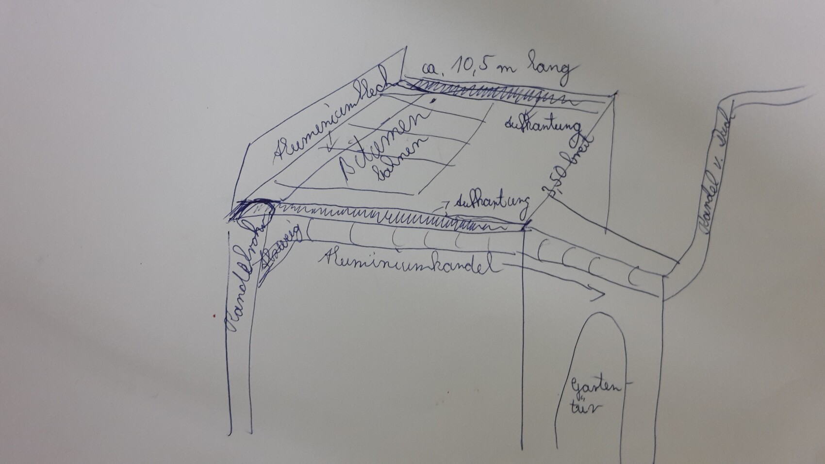 Hand-drawn sketch of a house roof with labels and terrace area.