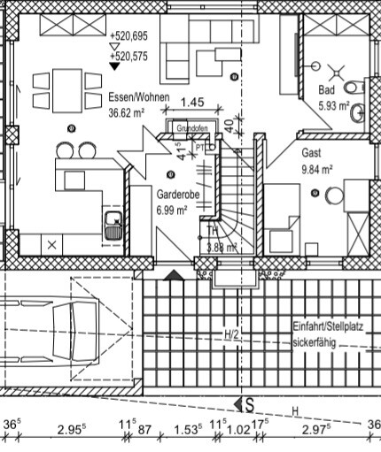Grundriss eines Hauses mit Eingangsbereich, Küche, Bad, Wohnzimmer