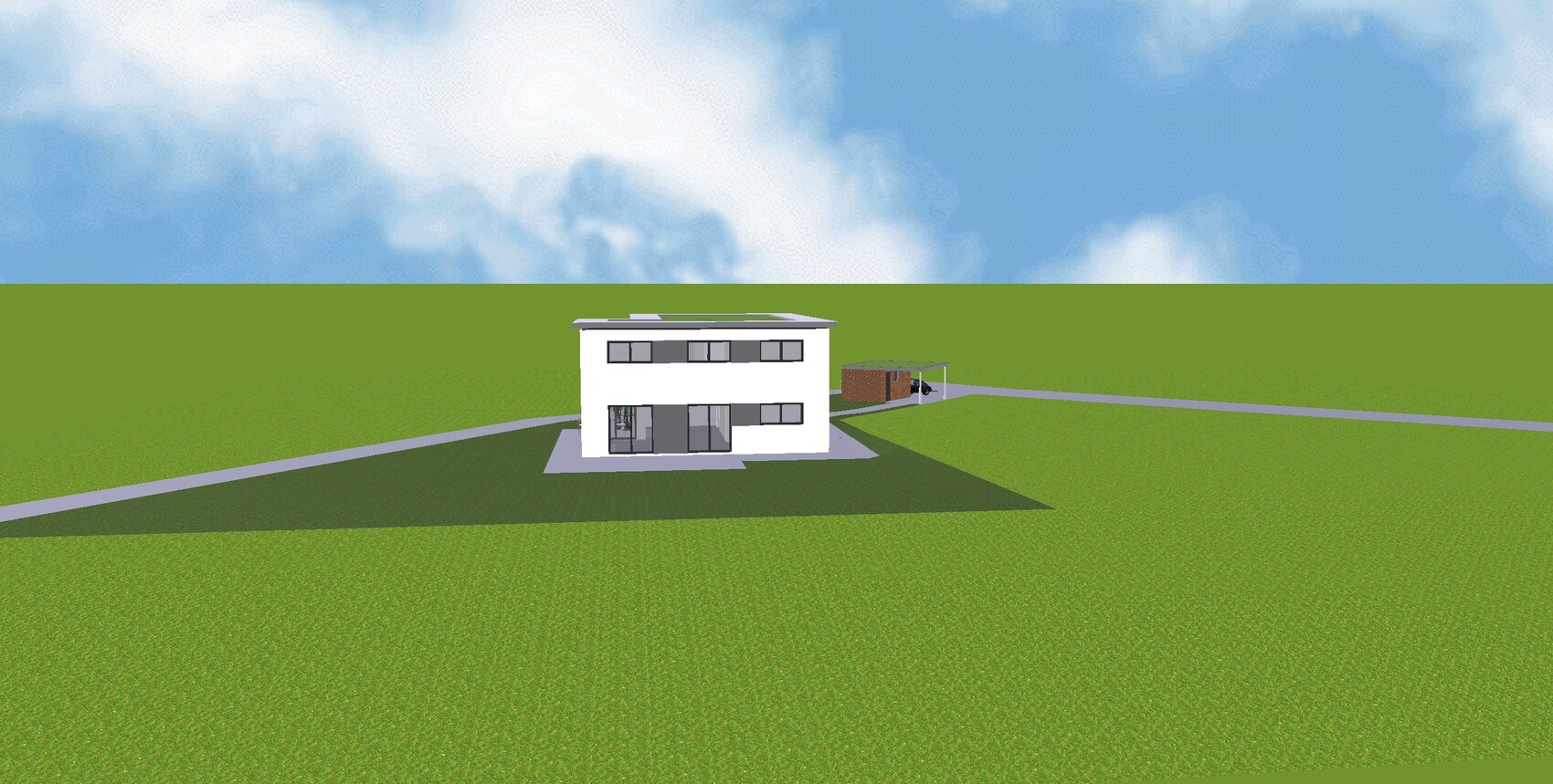 Modernes weißes zweigeschossiges Haus mit großen Fenstern auf grünem Feld, Carport dahinter.