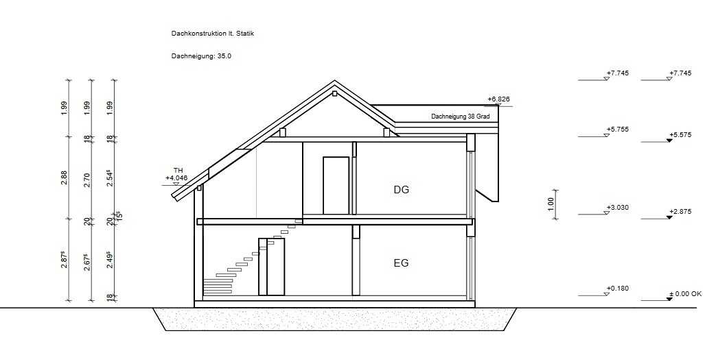 Section through two-story house with stairs, attic and ground floor, roof structure