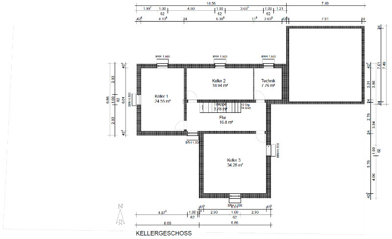 Basement floor plan with cellar 1, cellar 2, cellar 3, corridor, technical room, and staircase, including measurements.