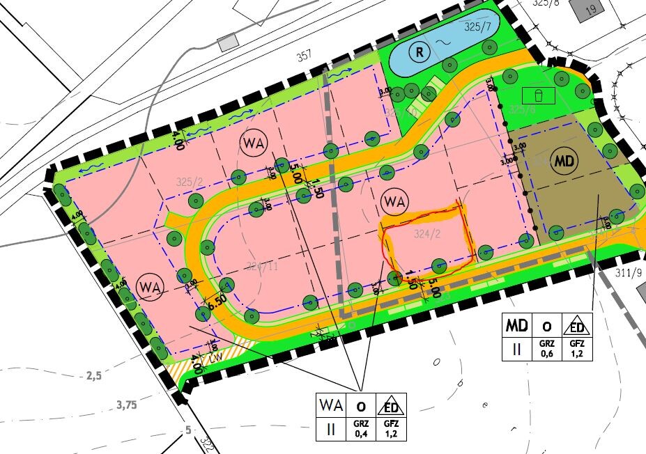 Kartenplan eines Baugrundstücks mit Wegen, Grünflächen und Bauflächen