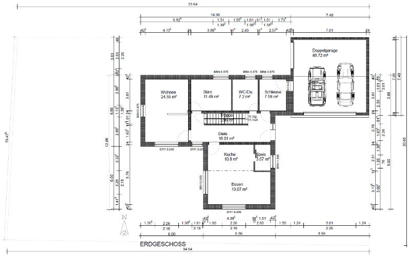 Ground floor plan: double garage, living area, study, hallway, kitchen, dining, pantry, WC/shower.