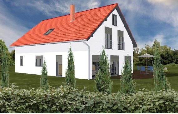 3D-Rendering eines modernen Einfamilienhauses mit rotem Dach, weißer Fassade und Garten