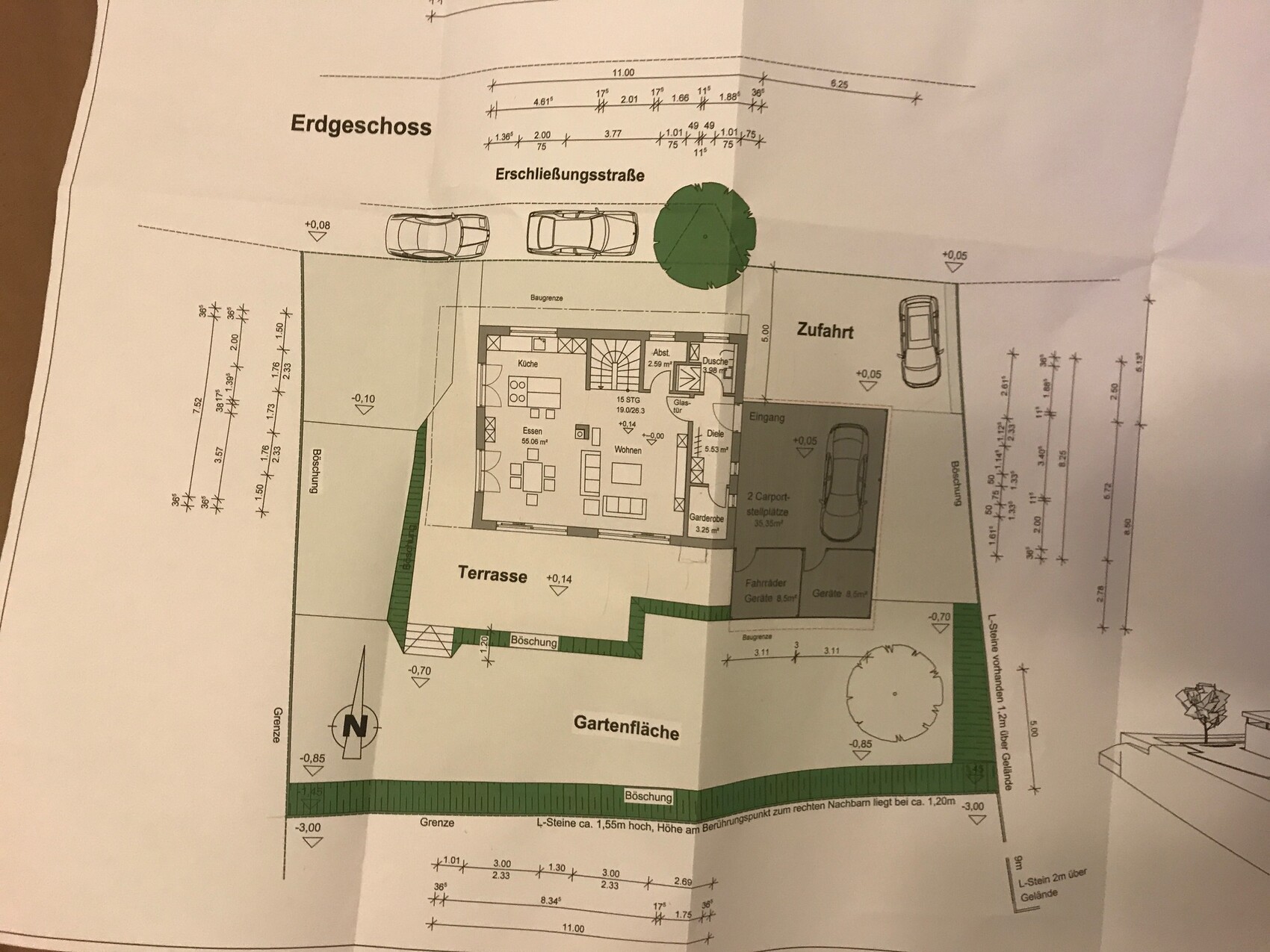 Ground floor plan with terrace, garden area, driveway, and carport.
