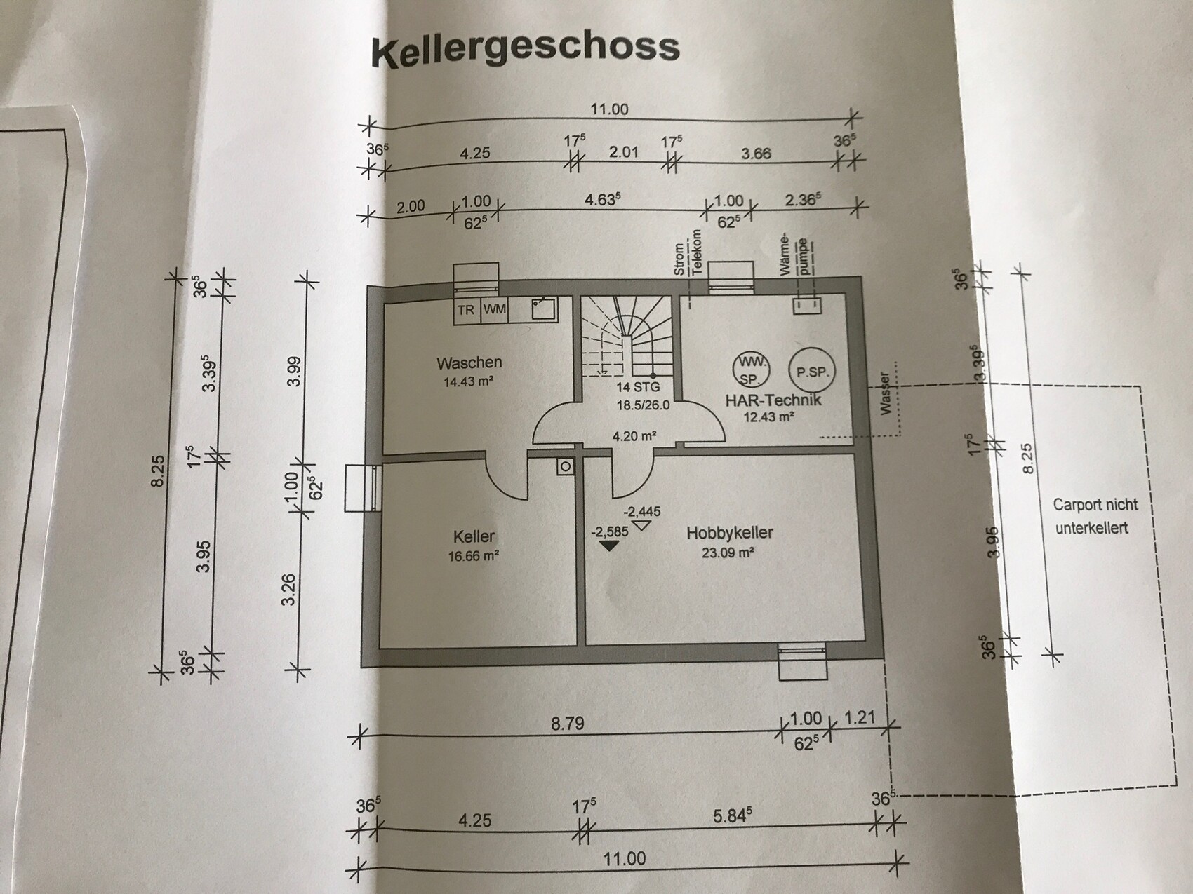 Basement floor plan with laundry, cellar, hobby room, and utility/technical room.