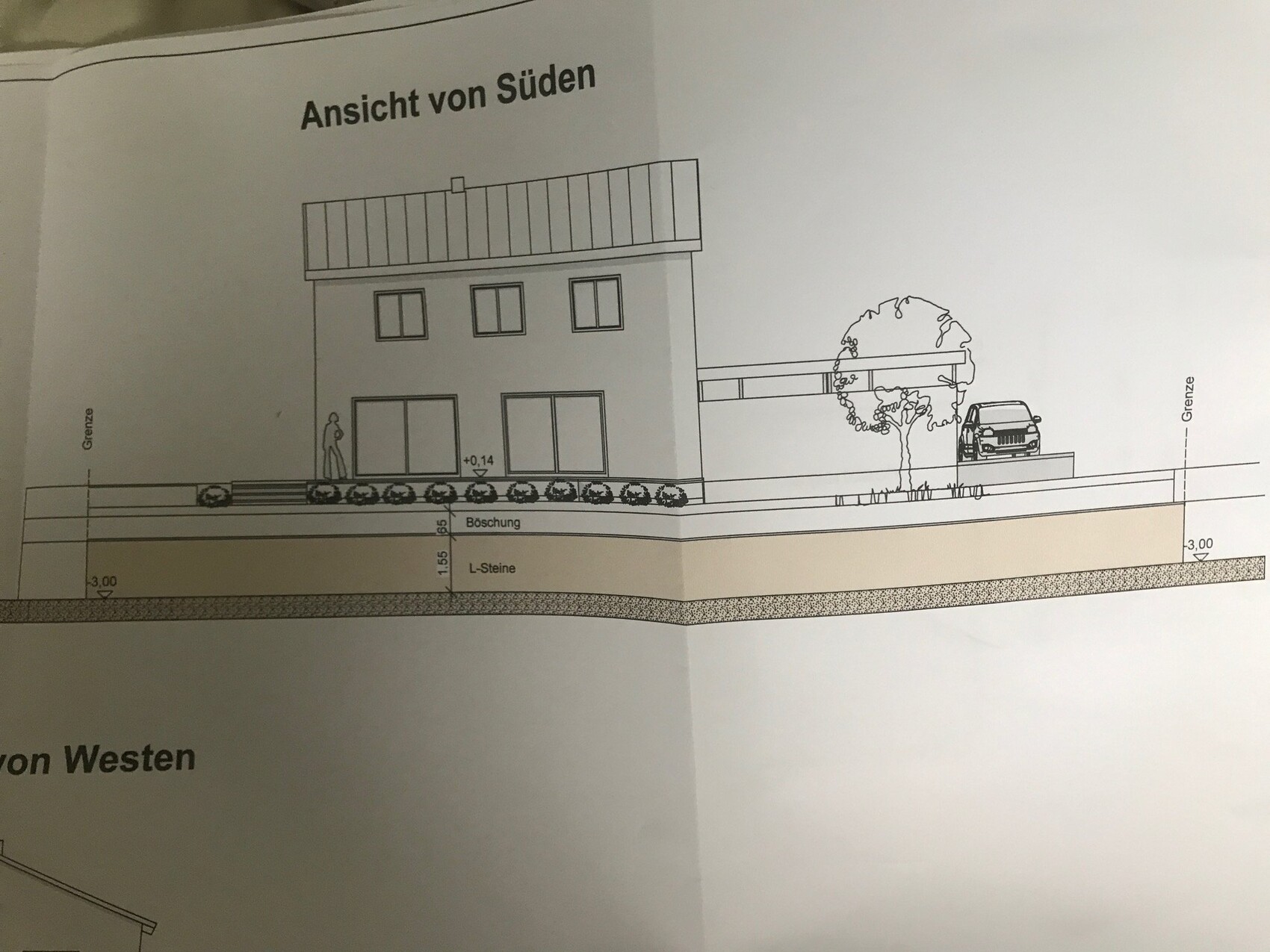 View from the south: two-story house with terrace, garden, and parked car in the driveway.