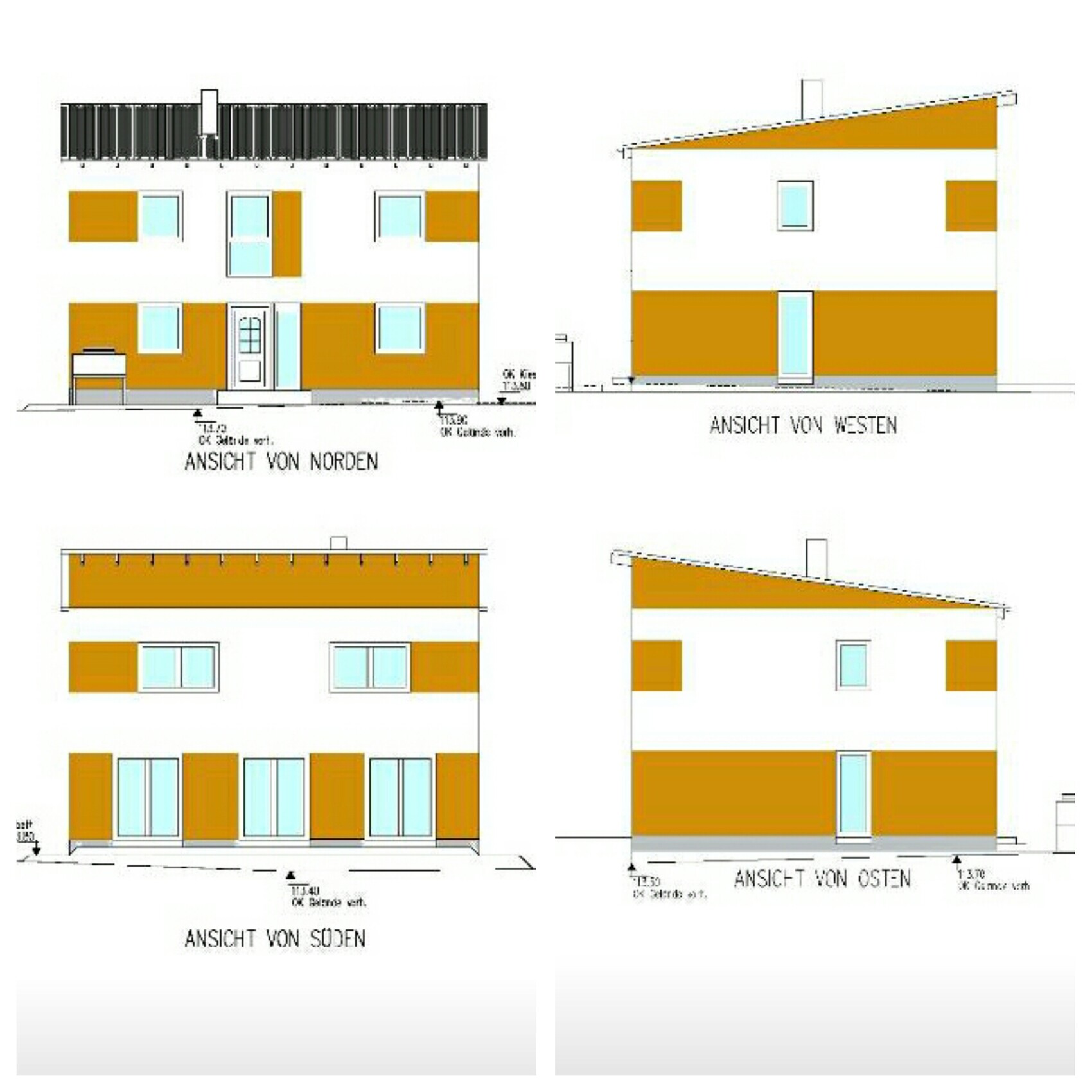 Four facade views of a two-story house with white and orange plaster