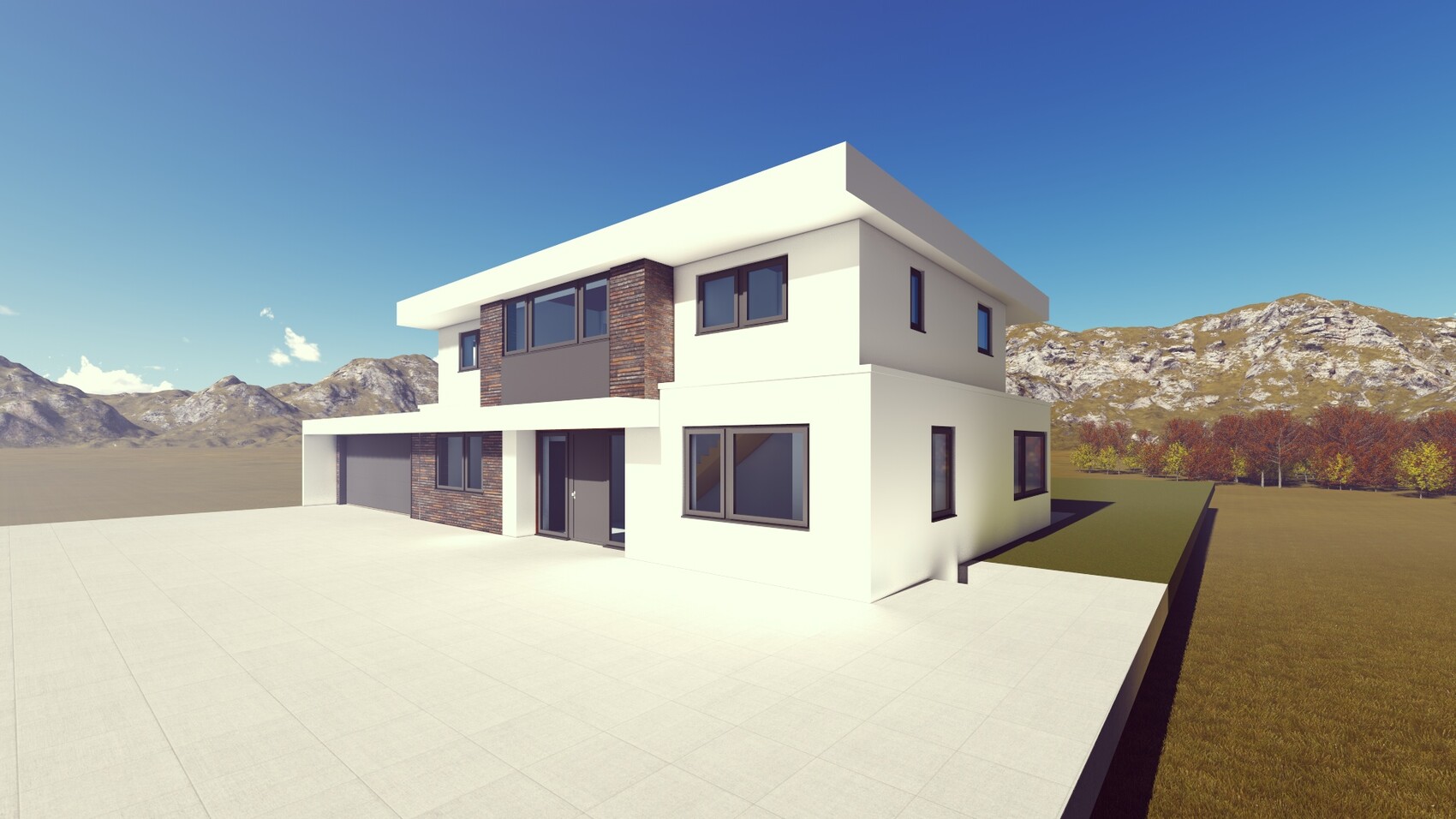 Modern white villa with stone accents, spacious garage, mountain view.