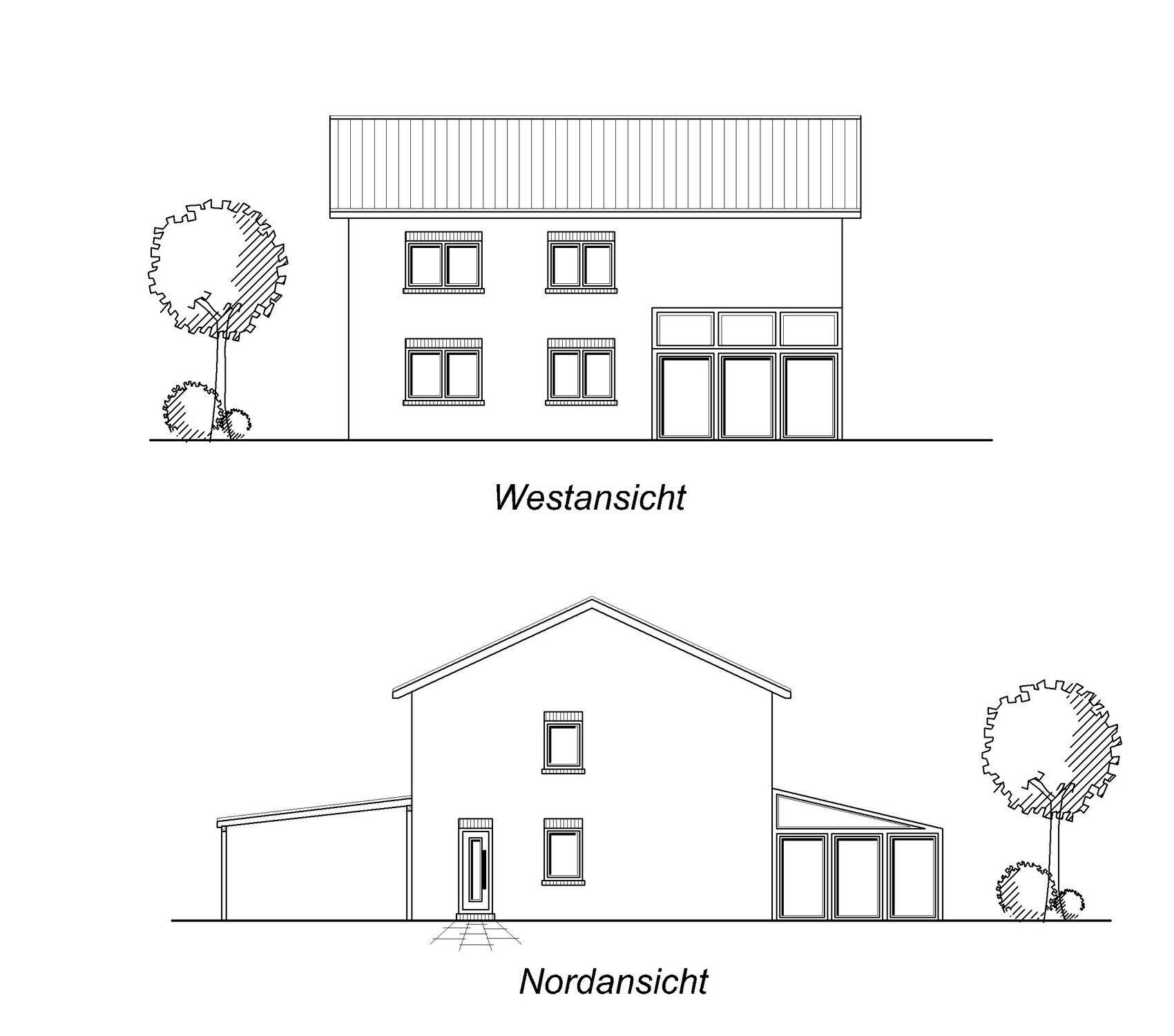West and north view of a modern house with windows, entrance, garage, and trees.