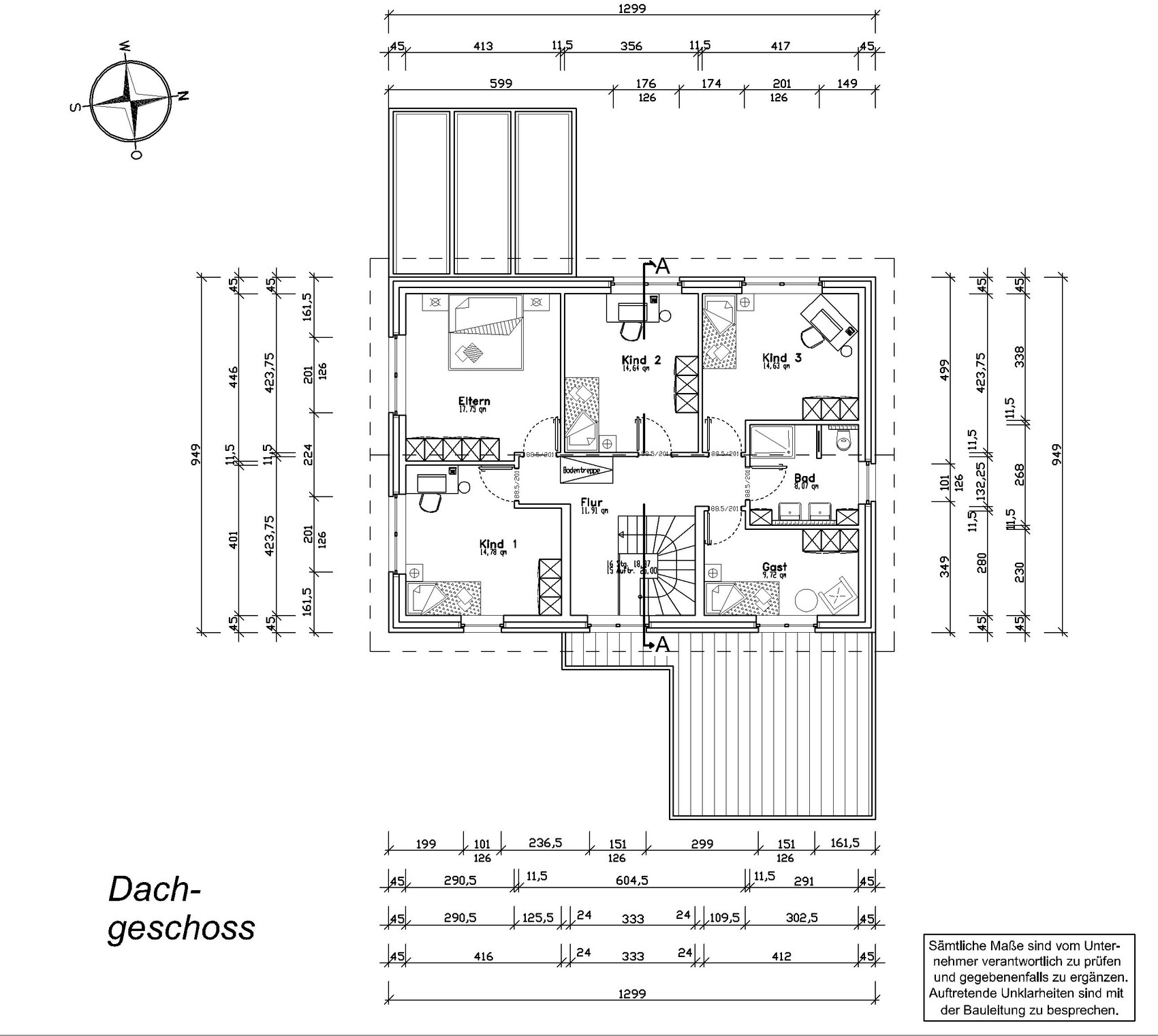 Upper floor plan: master bedroom, children’s and guest rooms, bathroom, hallway, stairs, terrace.
