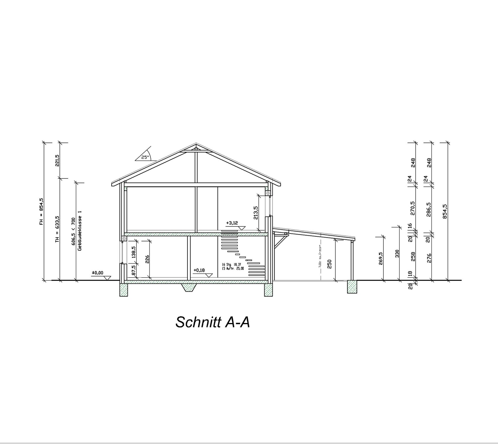 Section A-A of a two-story building with roof construction, dimensions, and foundations.