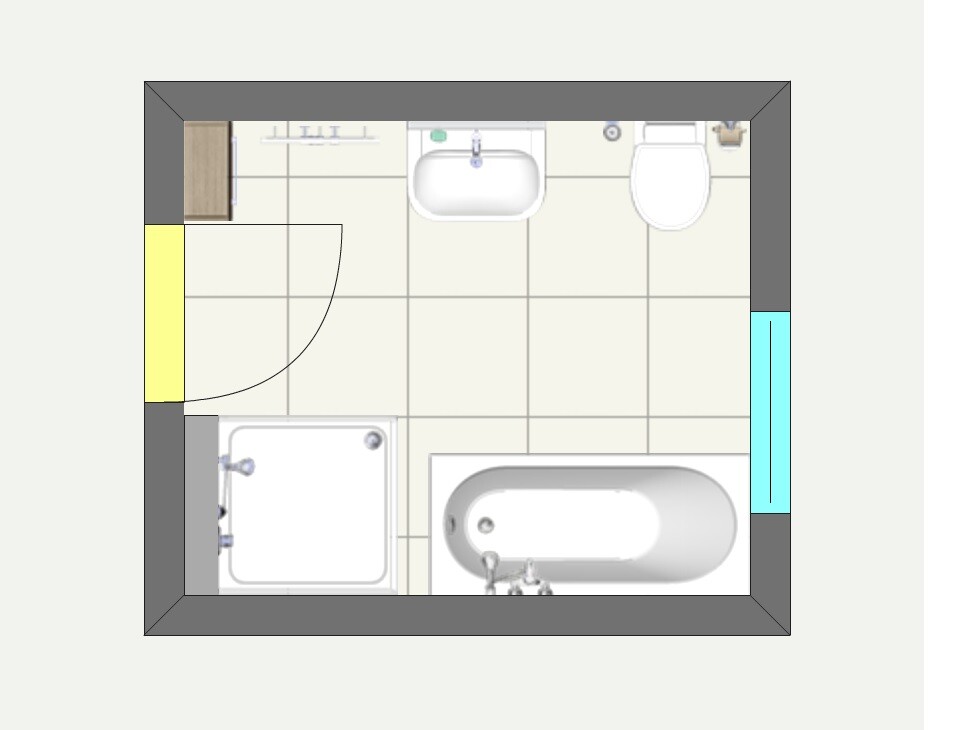 Badezimmer-Grundriss von oben mit Waschbecken, Toilette, Badewanne und Dusche.