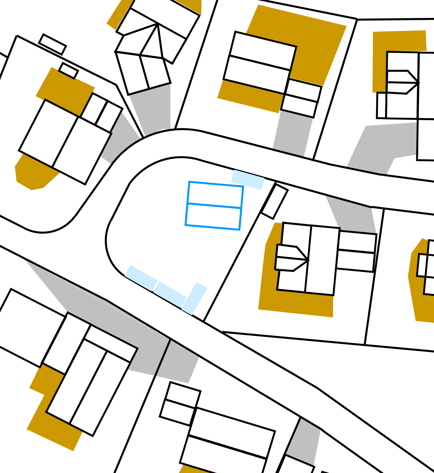 Site plan of multiple plots with house floor plans, road layout, and buildings