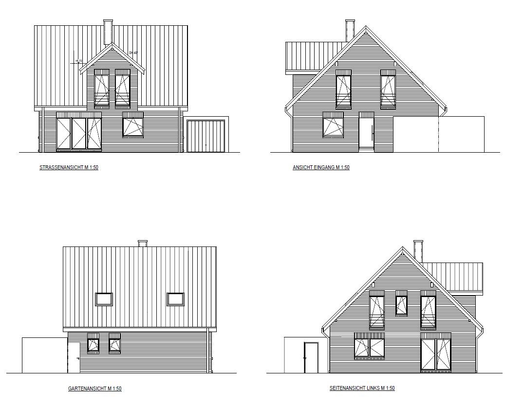 Four views of a two-story house with gable roof, wood cladding, windows, and door.