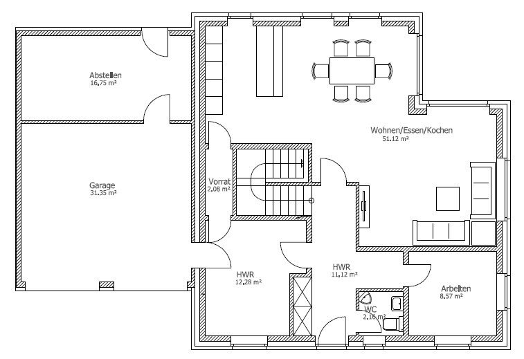 Grundriss eines Hauses mit offenem Wohn-/Ess-/Kochbereich, Garage, Vorrat, HWR, Arbeitszimmer, WC.