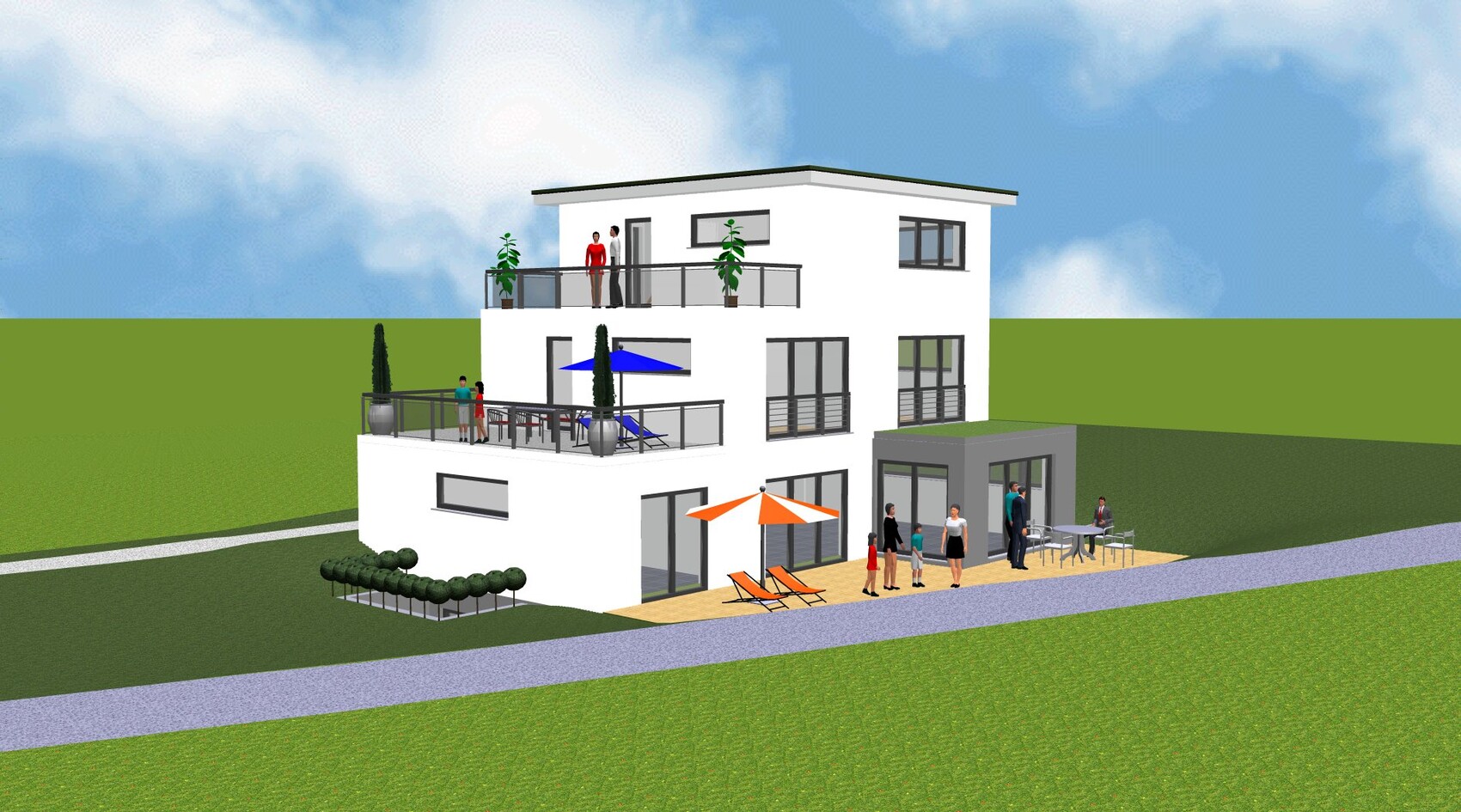 Modern, three-story white house with terraces, outdoor furniture, and people outside.