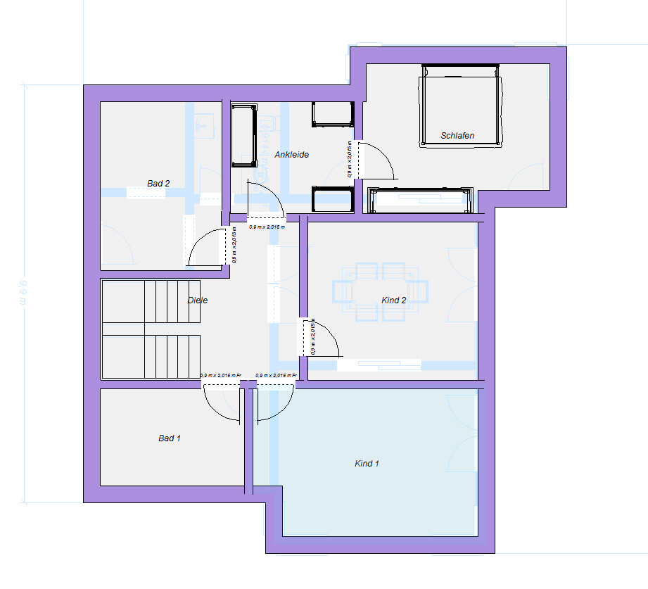 Floor plan of a house with bedroom, bathroom 1, bathroom 2, hallway, dressing room, child 1 and child 2