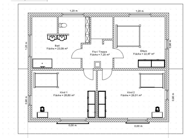2D floor plan of a house with bathroom, master bedroom, two children’s rooms and hallway