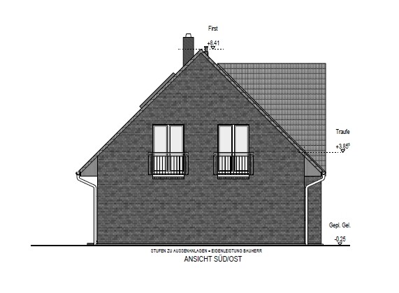 Southeast elevation of a brick house with roof, two windows, and gutter, architectural drawing
