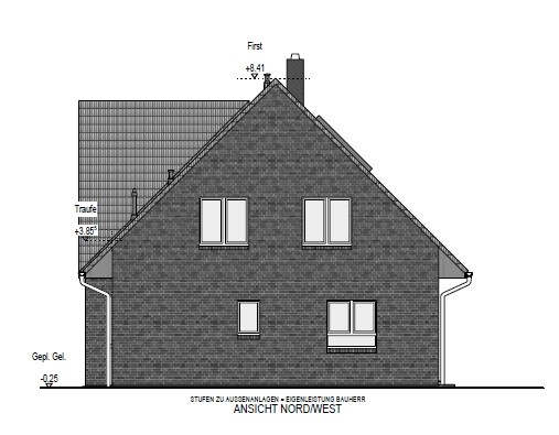 Northwest elevation of a two-story brick house with gable roof and windows