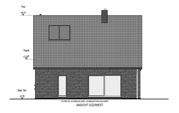 Southwest view of a house with brick facade, roof, and doors