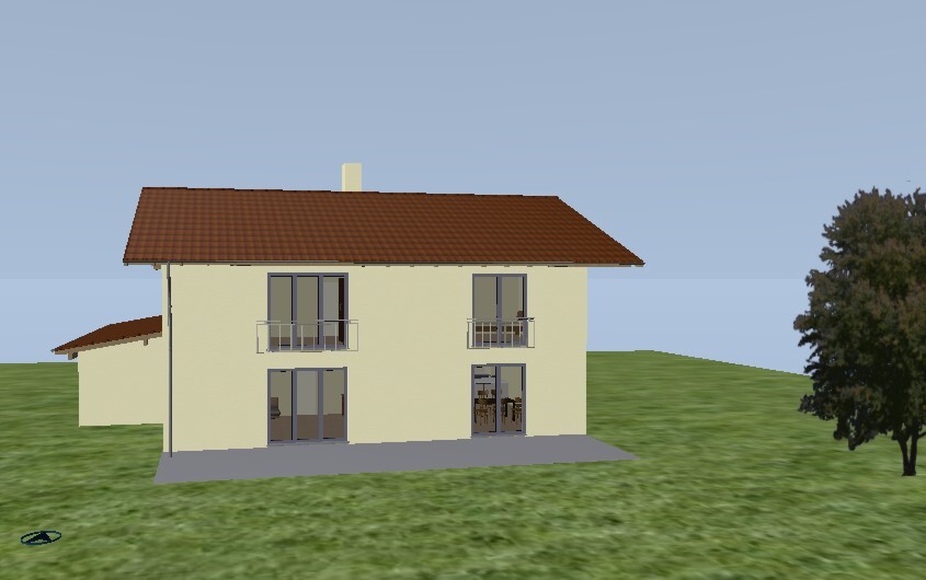 Two-story light yellow house with red roof, balcony, and large windows in green area