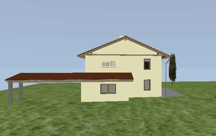 3D model of a yellow two-story house with carport on green lawn