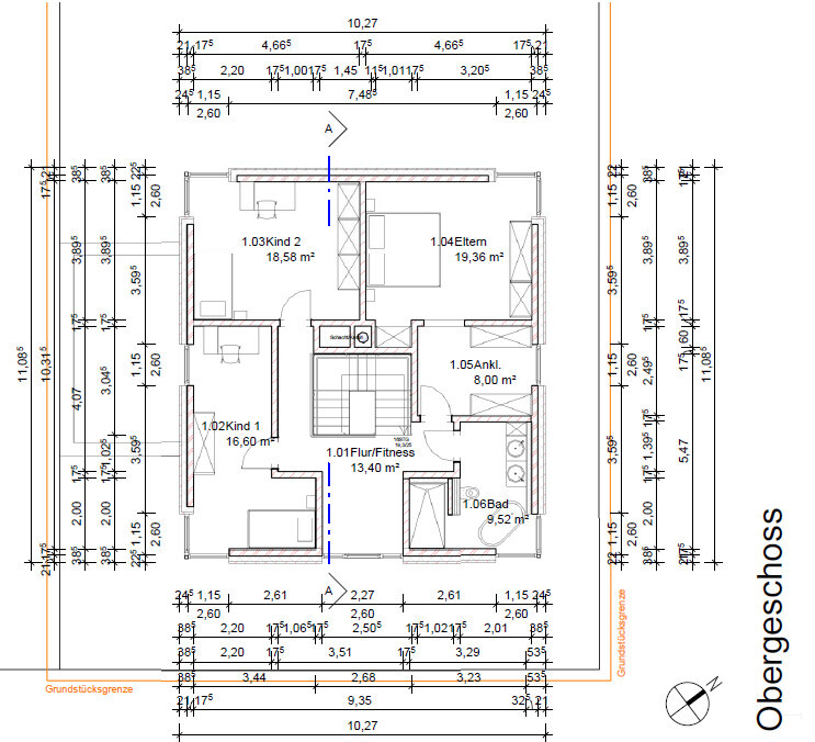Upper floor layout with hallway, master bedroom, two children’s rooms, bathroom and walk-in closet.