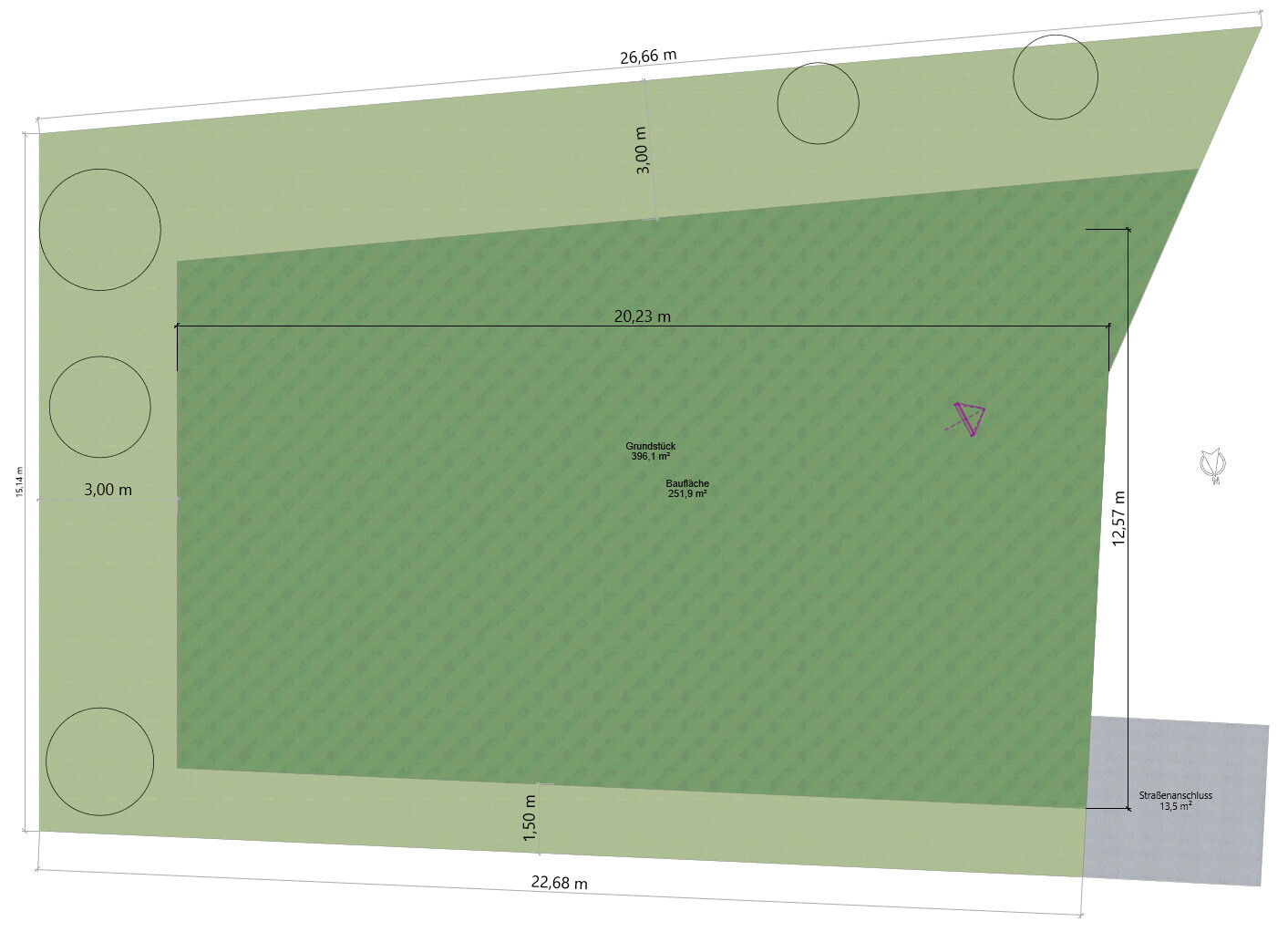 Site plan of a building plot with building footprint, trees, and dimensions