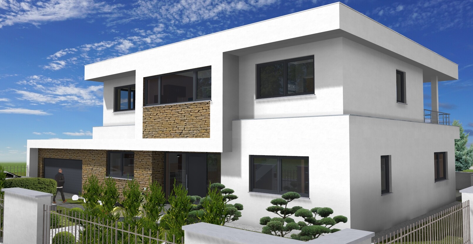 Modern white villa with stone cladding, large windows, garden and fence.