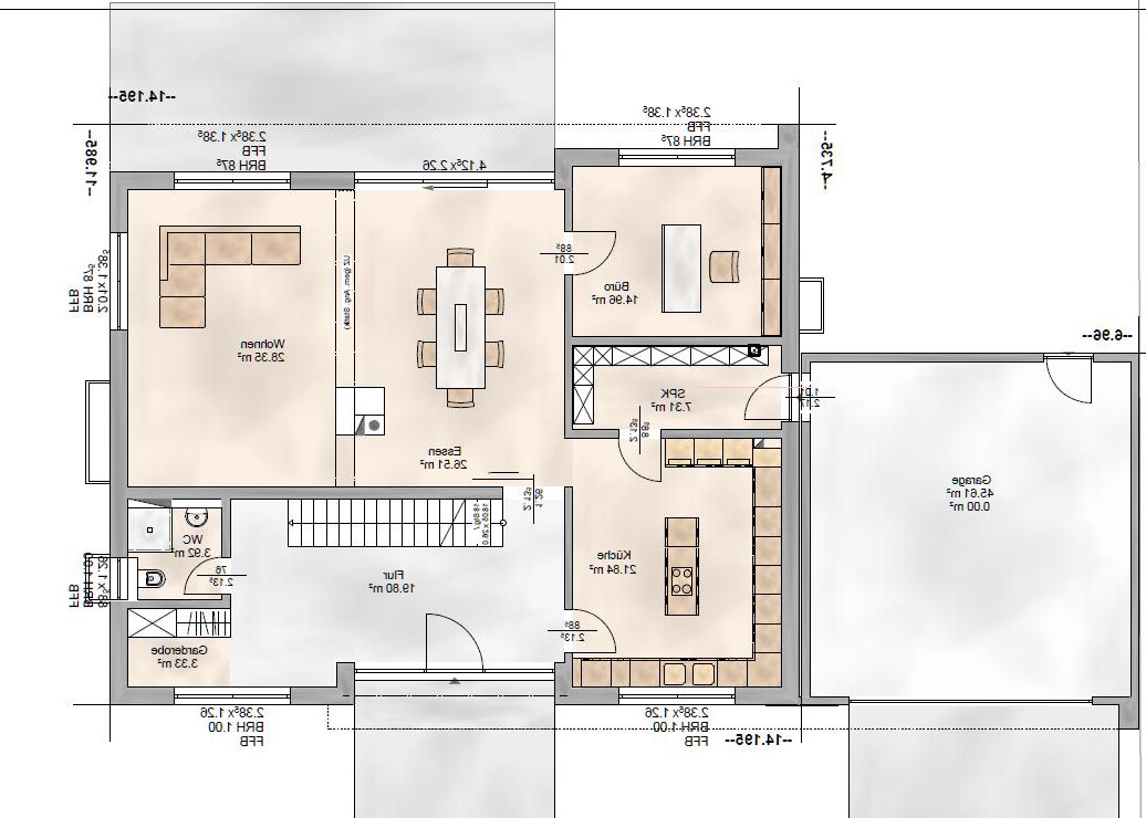 Floor plan of a house: Open living and dining area with kitchen island, hallway, stairs, restroom, and garage.