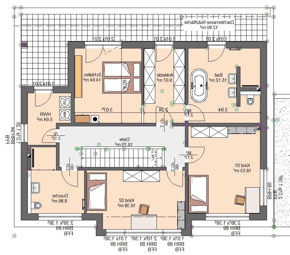 Floor plan of a residential house: Bedroom, bathroom, kitchen, living room, hallway, stairs, and terrace.