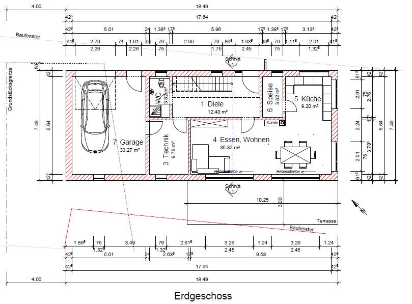 Ground floor plan: garage, technical room, hallway, dining/living, kitchen, terrace.
