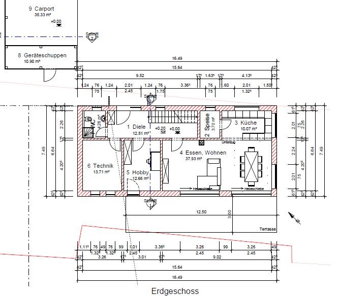 Ground floor plan with hallway, dining/living, kitchen, technical room, hobby room, and terrace.