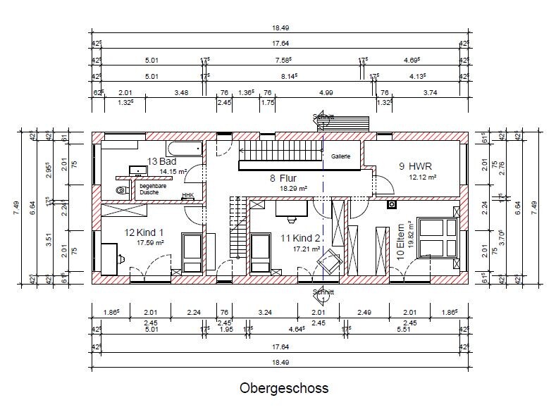 Upper floor plan with bathroom, child 1, child 2, master bedroom, corridor, gallery, and utility room.