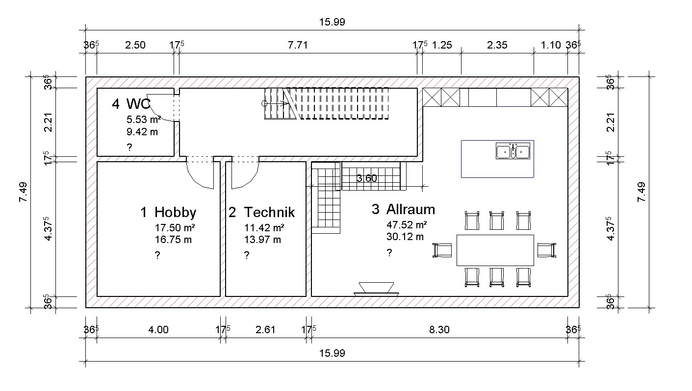 Floor plan of a building with hobby, utility and multipurpose rooms, WC, stairs, and kitchen.