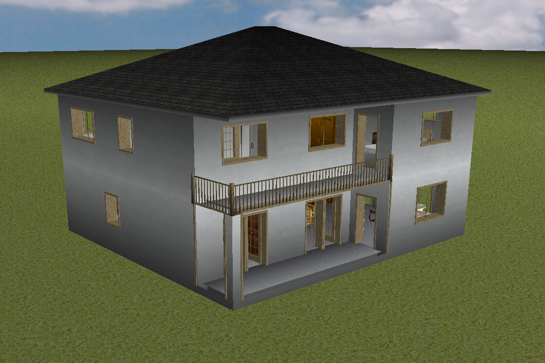 Zweistöckiges Modellhaus mit Balkon, graue Fassade, dunkles Dach, offene Türen