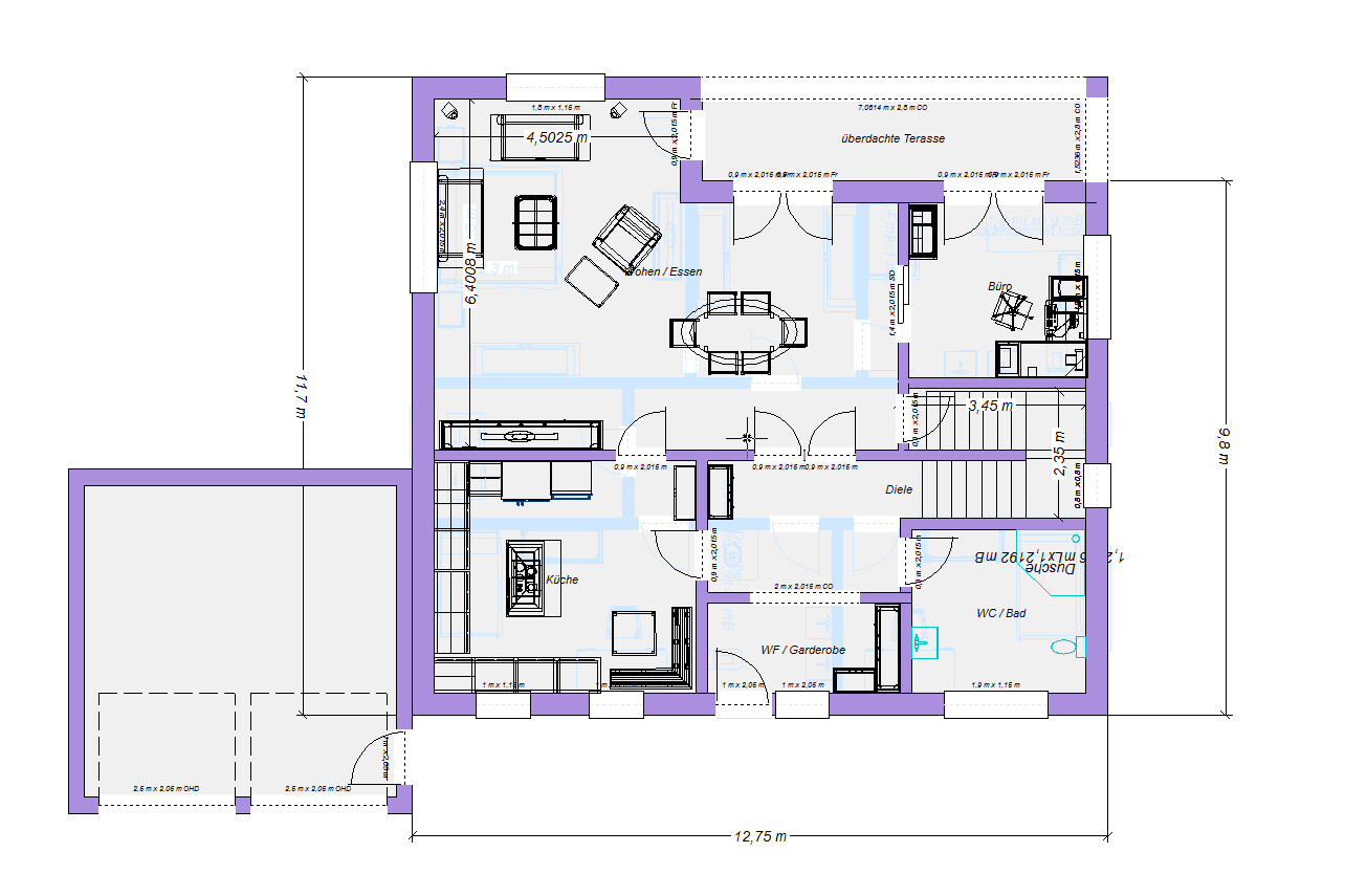 Floor plan of a house with open living/dining area, kitchen, office, bathroom, hallway, and terrace.
