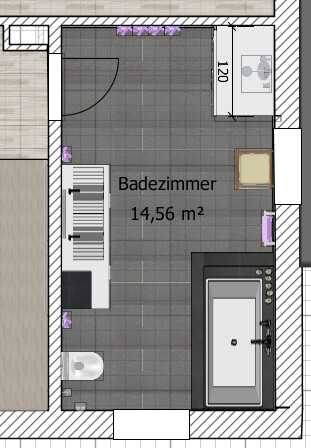 Bathroom floor plan with bathtub, sink, toilet, and gray tiles, door on the left