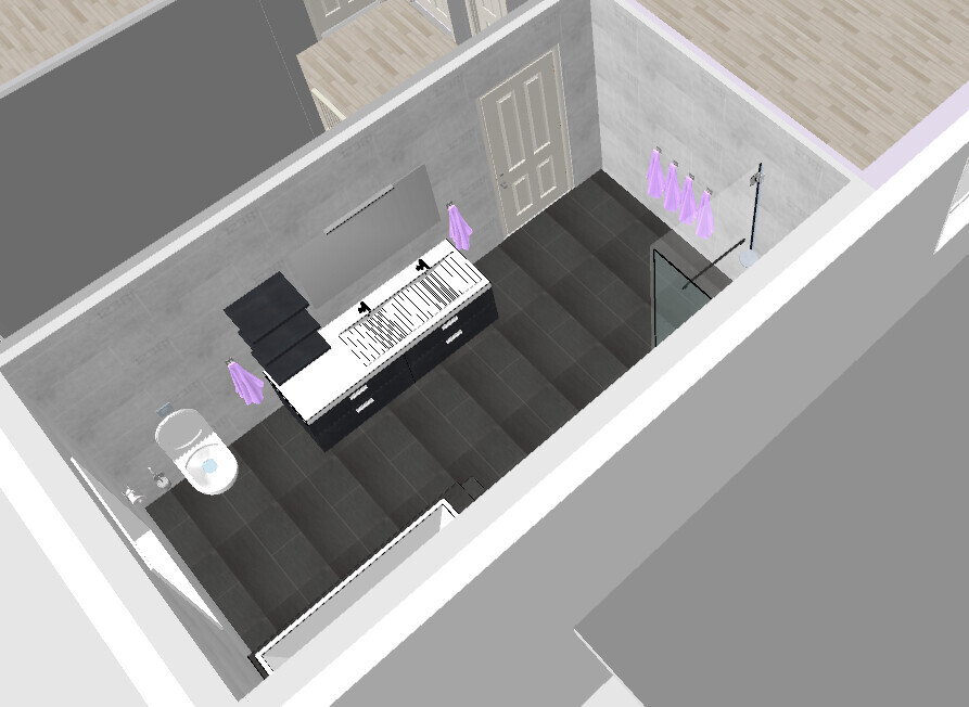 3D bathroom rendering with sink, vanity cabinet, and shower.