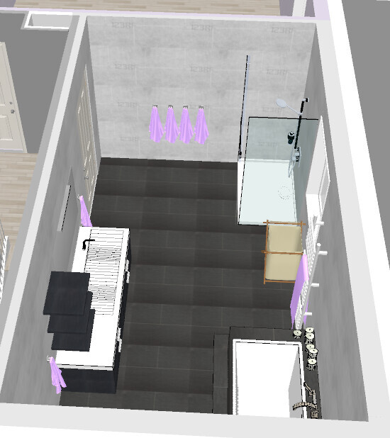 3D bathroom with shower, sink, towels, and tiles, bathroom layout