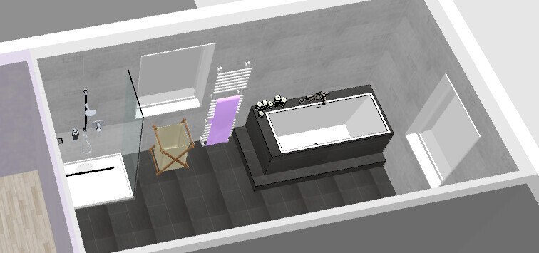 3D bathroom with freestanding bathtub, shower, sink, and radiator