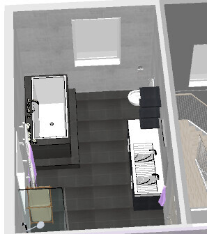 3D bathroom view with shower, sink, and bathroom furniture, bird's-eye view