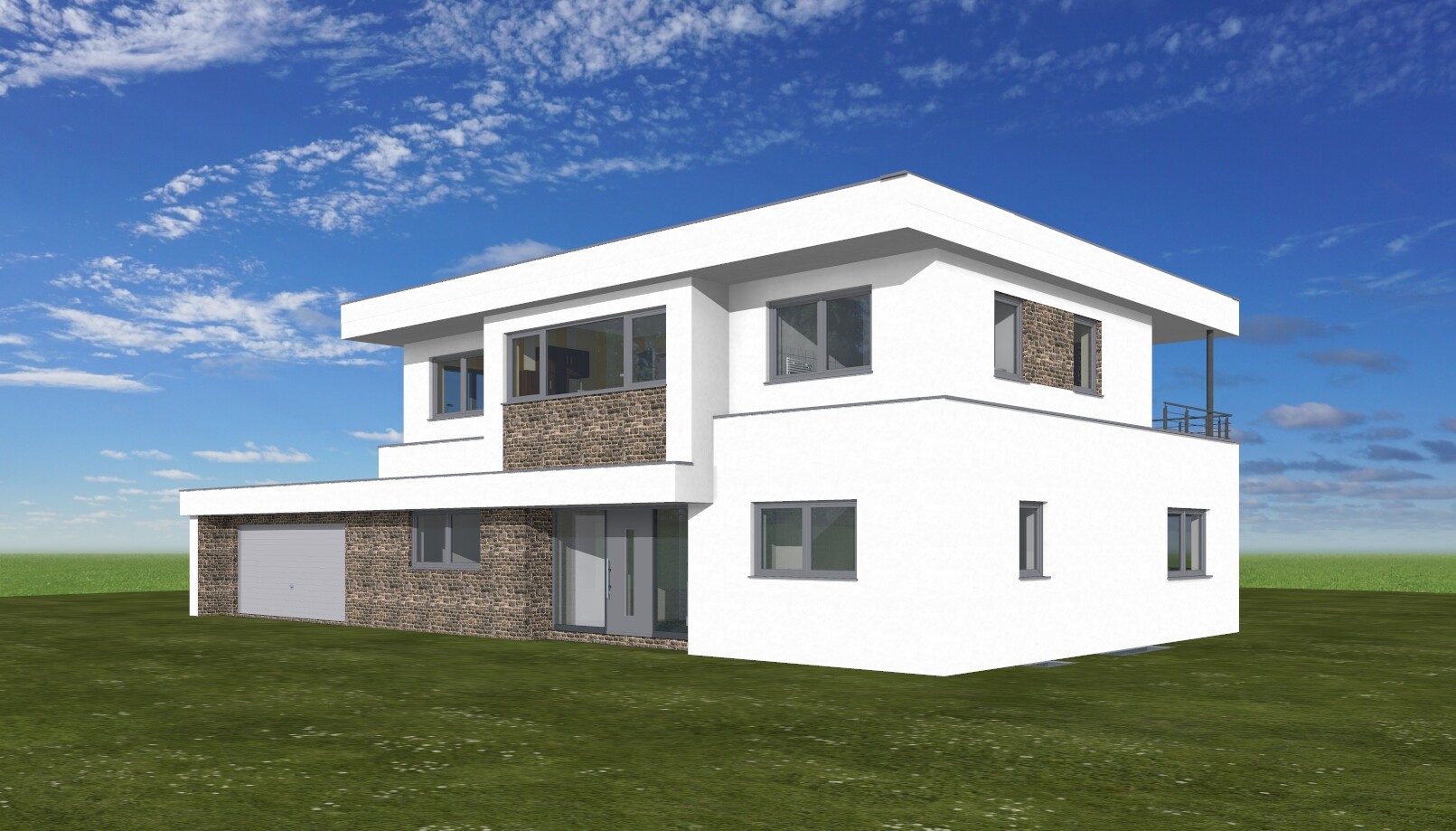 Modern white villa with stone accents, flat roof, garage, balcony, and large windows.