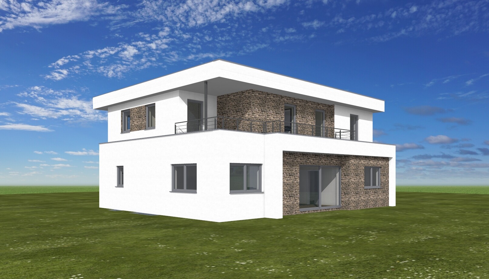 Modern two-story house with white walls, brown stone cladding, balcony, and glass front.