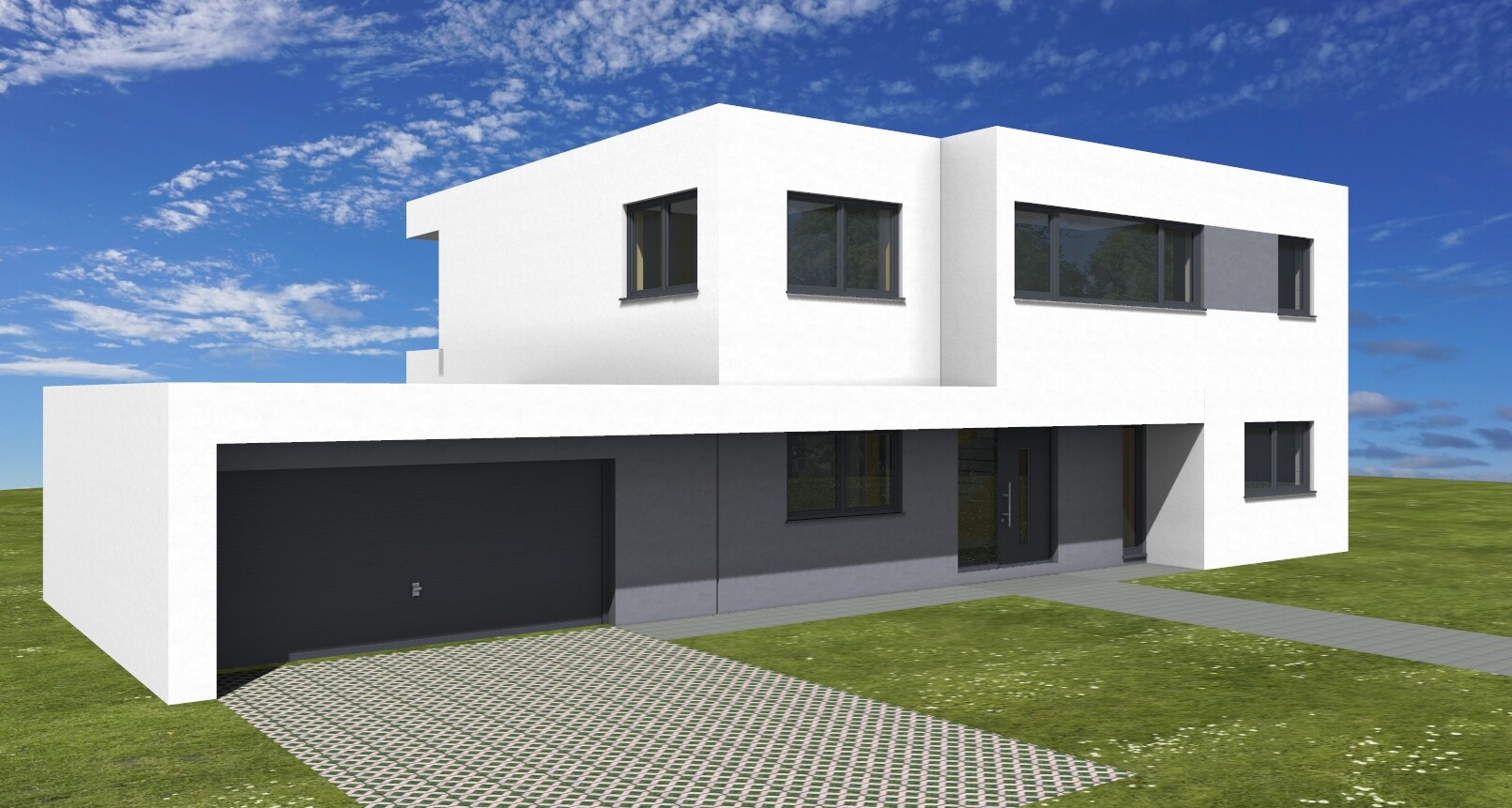 Modern white villa with flat roof, garage, large dark windows, and green lawn.