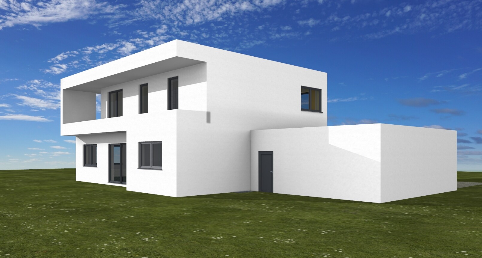 Modern white villa with flat roof, balcony front, and side extension on green meadow.